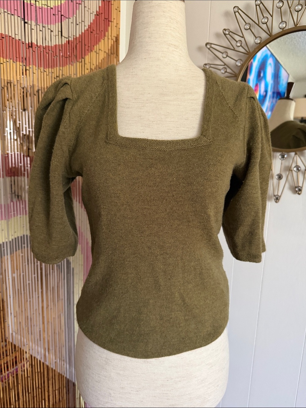 ba&sh Olive Square-Neck Puff Sleeve Knit Top
